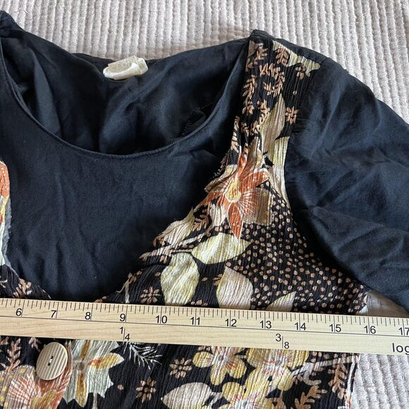 VINTAGE Sun Babies Hawaii Dress Womens Small Black Floral Patchwork Midi 90s - Picture 10 of 13